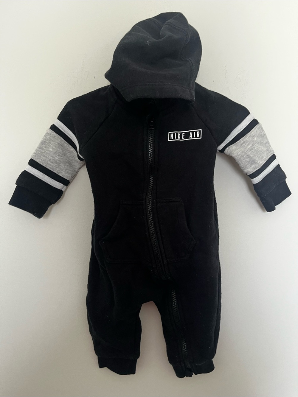 Nike Black Hooded Baby One-Piece with Gray Sleeve Panels